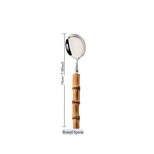 1Pç Conjunto de Talheres de Bambu Natural com Cabo de Aço Inoxidável Utensílios de Mesa Garfos de Jantar Colher Faca Talheres de Cozinha
