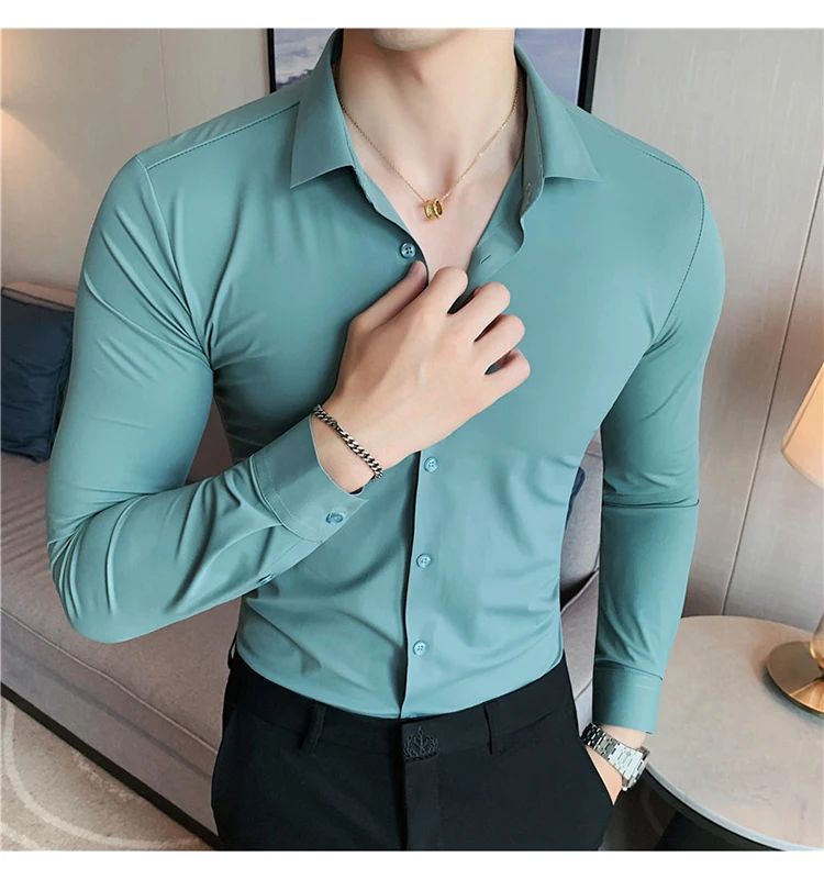 Men's Long Sleeved Elastic Shirt No Ironing Business Wear Professional Workwear Stand Up Collar Shirt Casual Solid Color Shirt