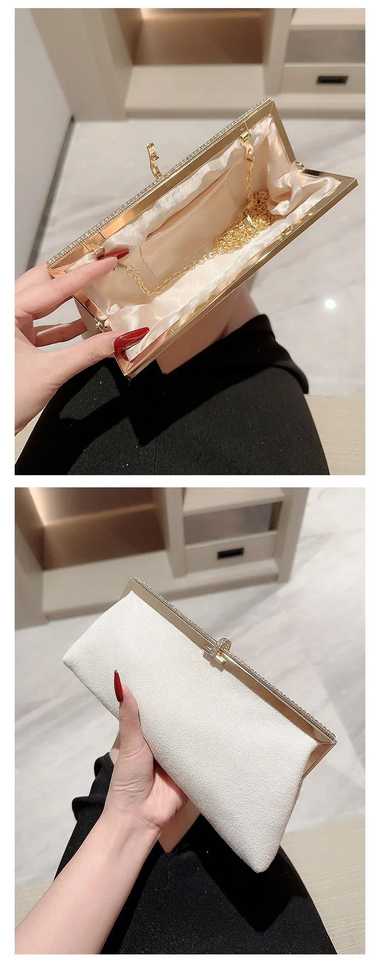 Women Retro Black Velvet Evening Clutch Bag Glitter Rhinestone Buckle Banquet Party Ladies Handbag Purse with Chain