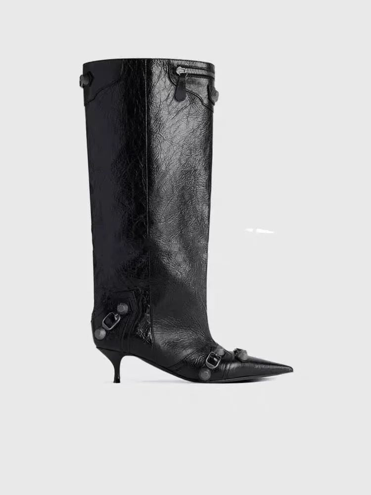 Women's Sexy Stiletto High Heels with Rivet Decoration, Wide Barrel Knee Length Boots, European and American Fashion Show Boots
