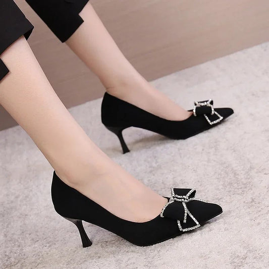Versatile New Single Shoes Autumn and Winter Sexy Pointy Rhinestone Black Mature Women's Thin Heels High-heel Zapatos Mujer