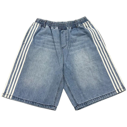 Y2K Denim Shorts Mens Womens HCW Striped Embroidery Retro Loose Summer Shorts Harajuku Hip Hop Casual Gym Shorts Streetwear New