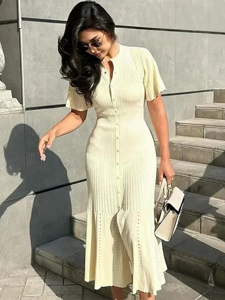 Elegant Knit Dress For Women White Slim O-neck Single Breasted Short Sleeve Long