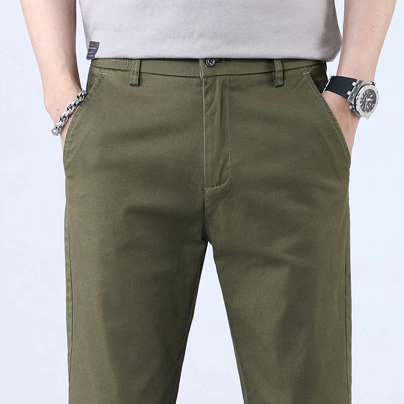 Casual Men Orange Loose Straight Business Pants Green Khaki Elastic Waist Trousers Soft Cotton Lyocell Fabric Korean Cargo Pants