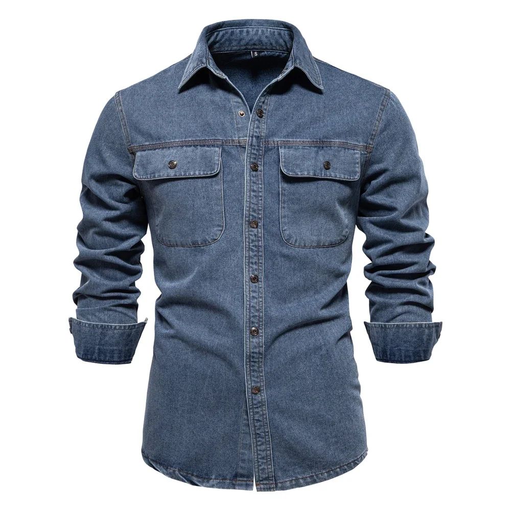 New Autumn 100% Cotton Men's Denim Shirts Solid Color Long Sleeve Cowboy Jean T-Shirt Coat Fashion Casual Fit Shirts for Men