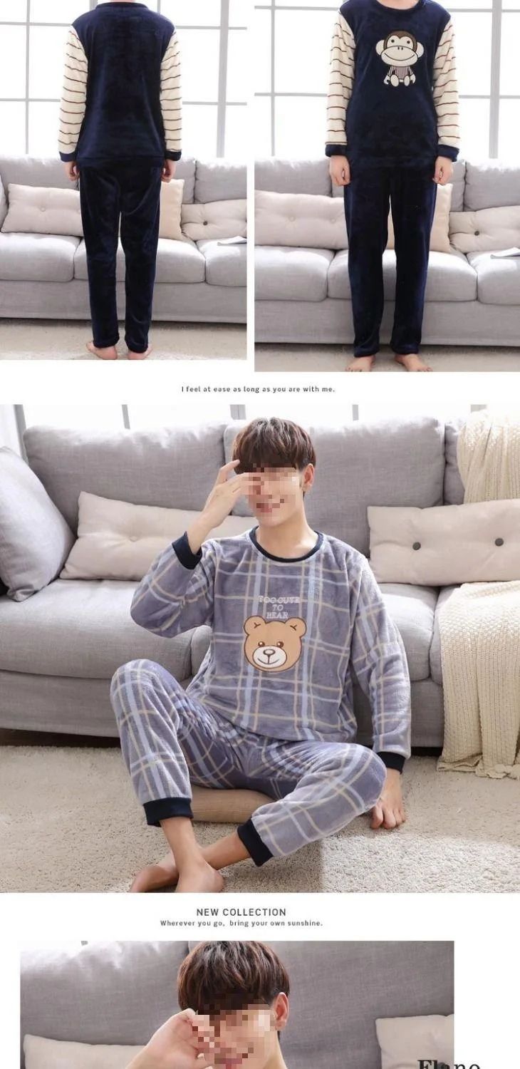 Thickened Flannel Sleepwear Set for Men Winter Home Clothes Coral Fleece Lined Autumn Winter Style Overhead Mens Nightgown