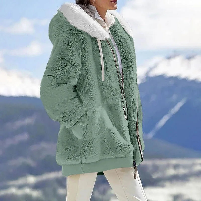 Outono Inverno Moda Feminina Casaco Novo Casual Capuz Zíper Senhora Roupas Caxemira Feminina Jaqueta de Lã Cor Sólida Casacos Femininos