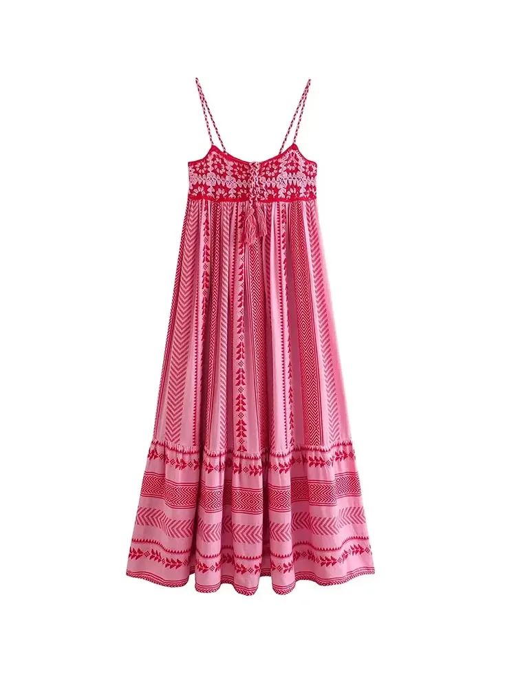 TRAFSHE Women Bohemian Midi Dress Vacation Charm Splice Knitted Vintage Strap Dr