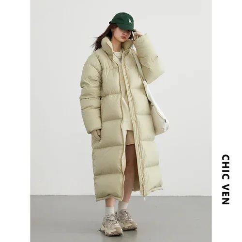 CHIC VEN Women Down Coats New Long Thick Warm Down Jackets Overcoat White Duck Down Loose Casual Jacket Autumn Winter 2023