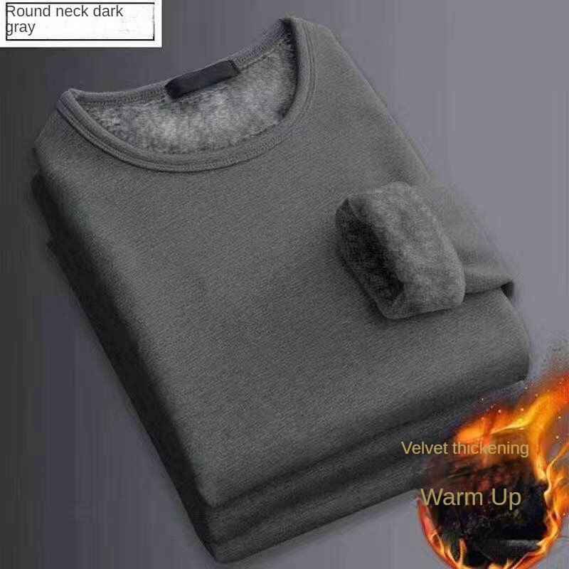 2PCS Men's Underwear Winter Long-sleeved Thermal Underwear Plus Velvet Padded T-shirt O-Neck Solid Color Slim Bottoming Shirt