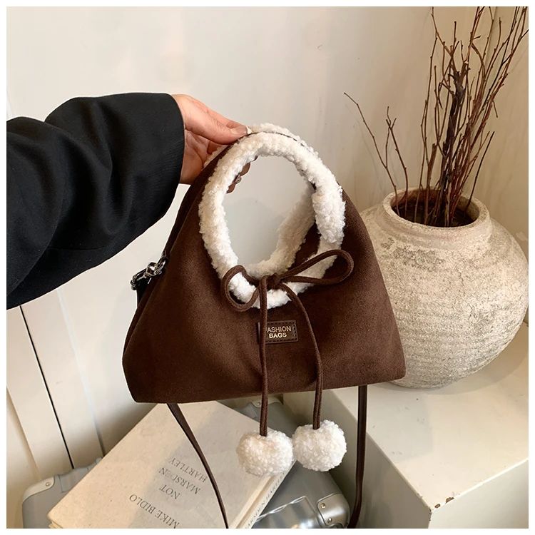 Faux Suede Solid Color Bow Hairy Cute Women's Handbags Christmas Gift Giving Fashion Bags 2025 Autumn/winter New Shoulder Bags