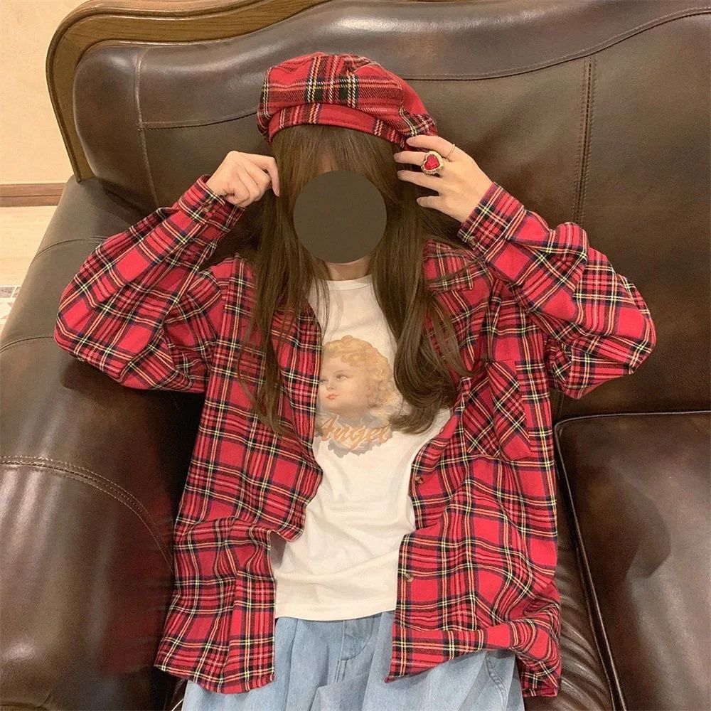 Scottish Red Plaid Shirt Luxury Hong Kong Style Vintage Loose Fit Women's Button up Shirt Polo Collar Full Sleeve Slim Fit