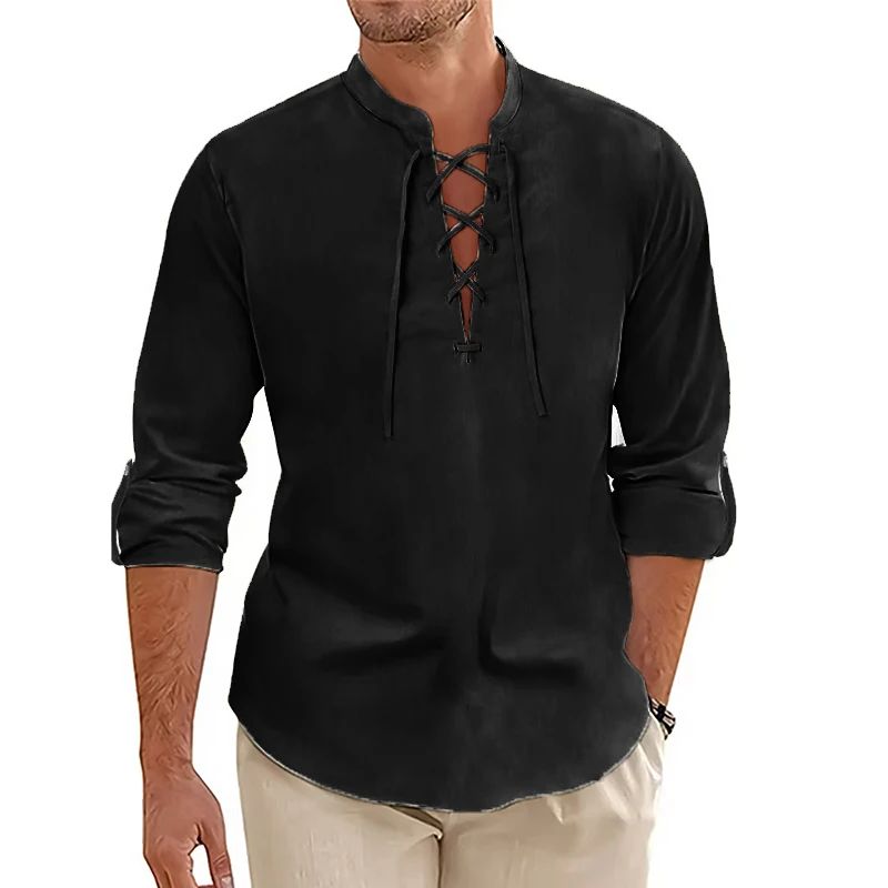 Men's Casual Long Sleeved TShirt Autumn Medieval Vintage Cotton Linen Shirts Halloween Streetwear Breathable Lace-up Streetwear