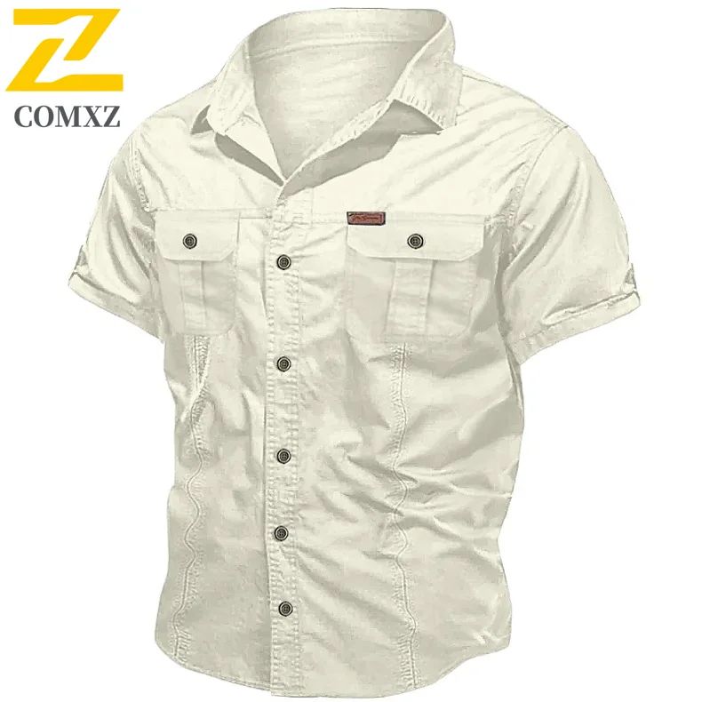 New Men's Work Shirt Casual Retro 100% Cotton Short Sleeve Flying Cargo Shirt Men's Summer Fishing Hunting Multi Pocket Shirt