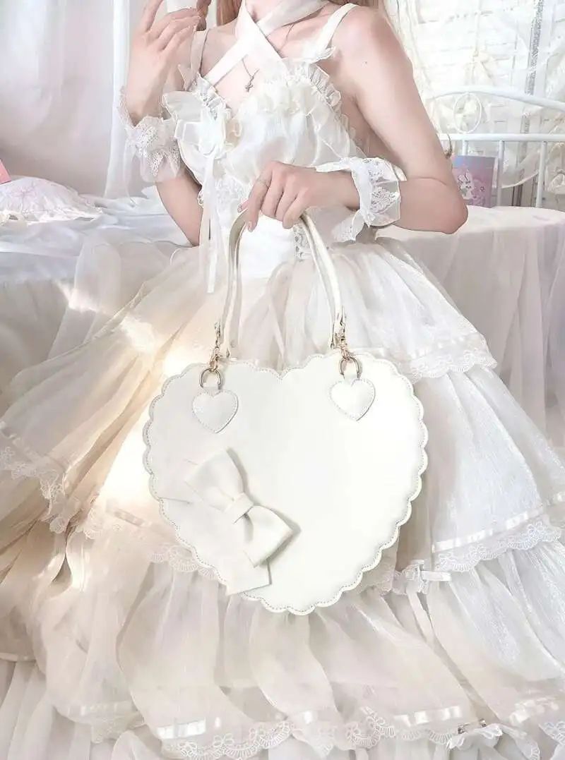 PU Heart Lolita Handbags Girls Bowknots Decor Japanese Shoulder Bags Two Sized Kawaii Shell Purses Cute Pink Messenger Bag Gifts