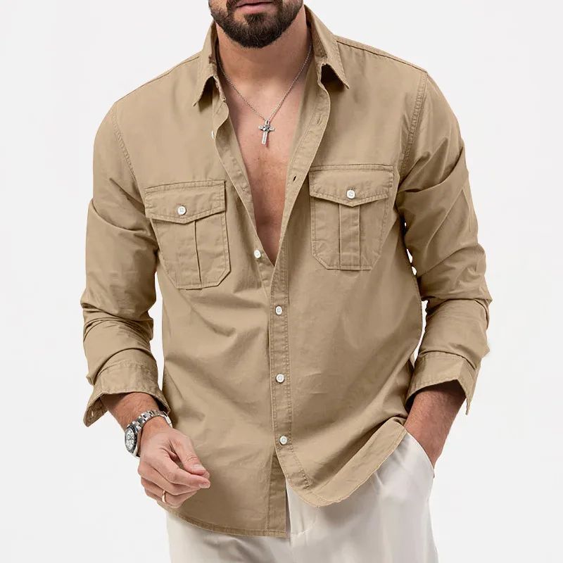 Army Green Tactical Cargo Shirts For Men Chest Two Pockets Long Sleeve Mens T-Shirt 2024 Trend Casual Loose Shirt Chemise Hombre