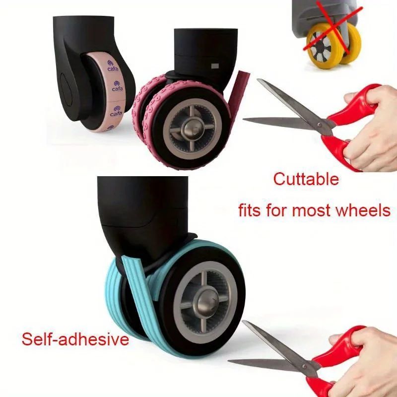 4 Peças de Capas de Silicone para Rodas de Bagagem, Protetores de Roda de Mala Autoadesivos Recortáveis, Rodas Silenciosas e Redução de Desgaste, Viagem