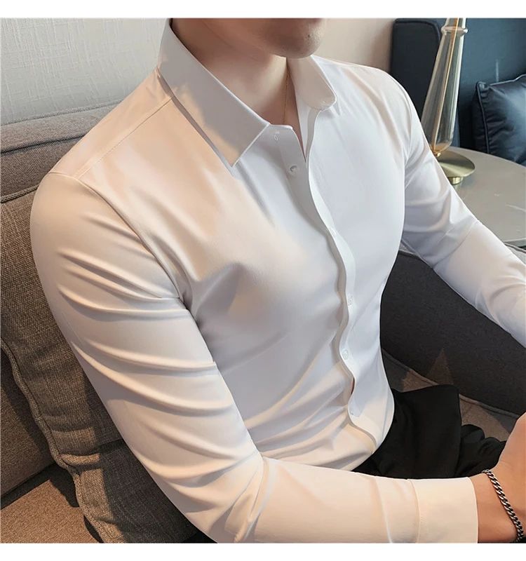 Men's Long Sleeved Elastic Shirt No Ironing Business Wear Professional Workwear Stand Up Collar Shirt Casual Solid Color Shirt