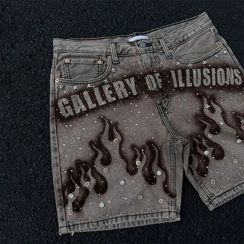 Goth Print Silk Jeans Men Shorts Street Harajuku Hiphop Vintage High Waited Denim Shorts of Men Clothing Casual Loose Pants Mens