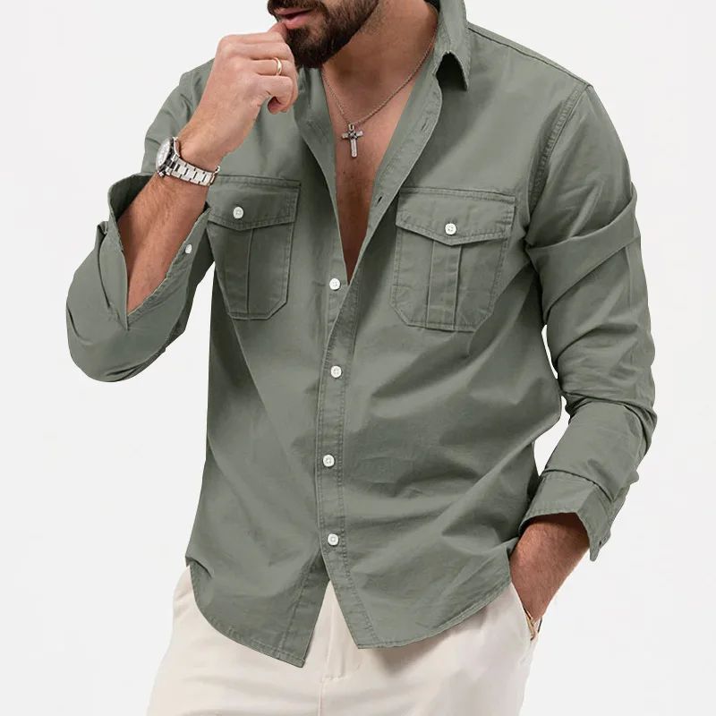Army Green Tactical Cargo Shirts For Men Chest Two Pockets Long Sleeve Mens T-Shirt 2024 Trend Casual Loose Shirt Chemise Hombre