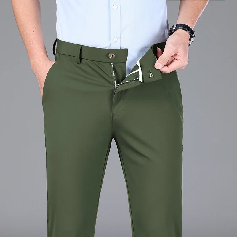 New Summer Men's Ice Silk High Stretch Business Suit Pants Male Army Green Blue Elastic Formal Office Straight Formal Trousers