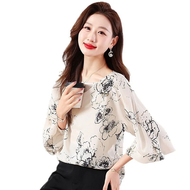 Tcyeek, 100%Real Silk Elegant Shirt, Women Long Sleeve ONeck Printed, Loose Fashion OL Blouses, 2024 Summer Autumn T47116QM