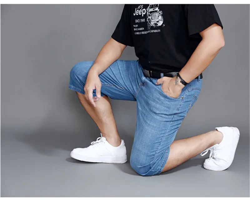 Summer Shorts Calf Length Trousers Plus Size 48 42 Men Denim Elastic Stretched Thin Jean Oversized Classic Straight Streetwear