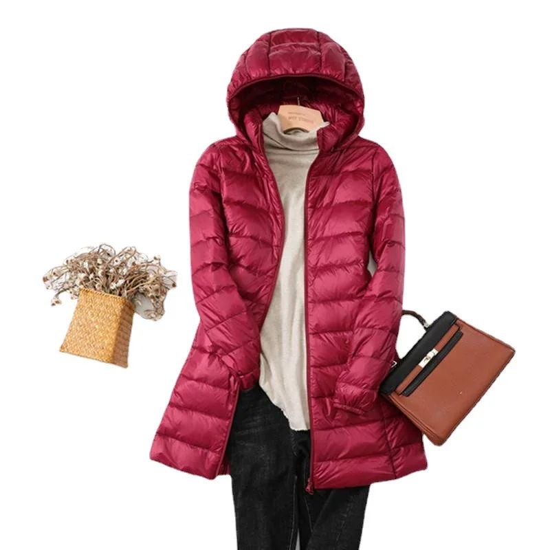 Hoody Long White Duck Down Coat Autumn Winter Portable Hooded Puffer Down Jacket Women Casual Double Zipper Windproof Thin Light