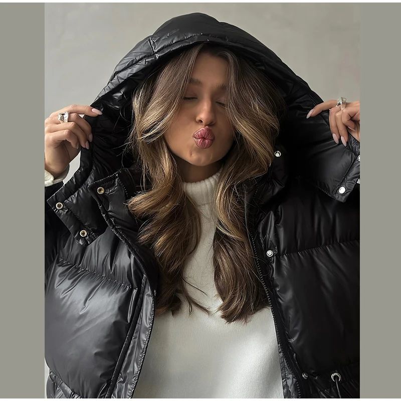 Jaquetas femininas acolchoadas brilhantes com capuz e zíper, estilo vintage, manga comprida, jaquetas femininas para o inverno de 2025, casacos e agasalhos femininos