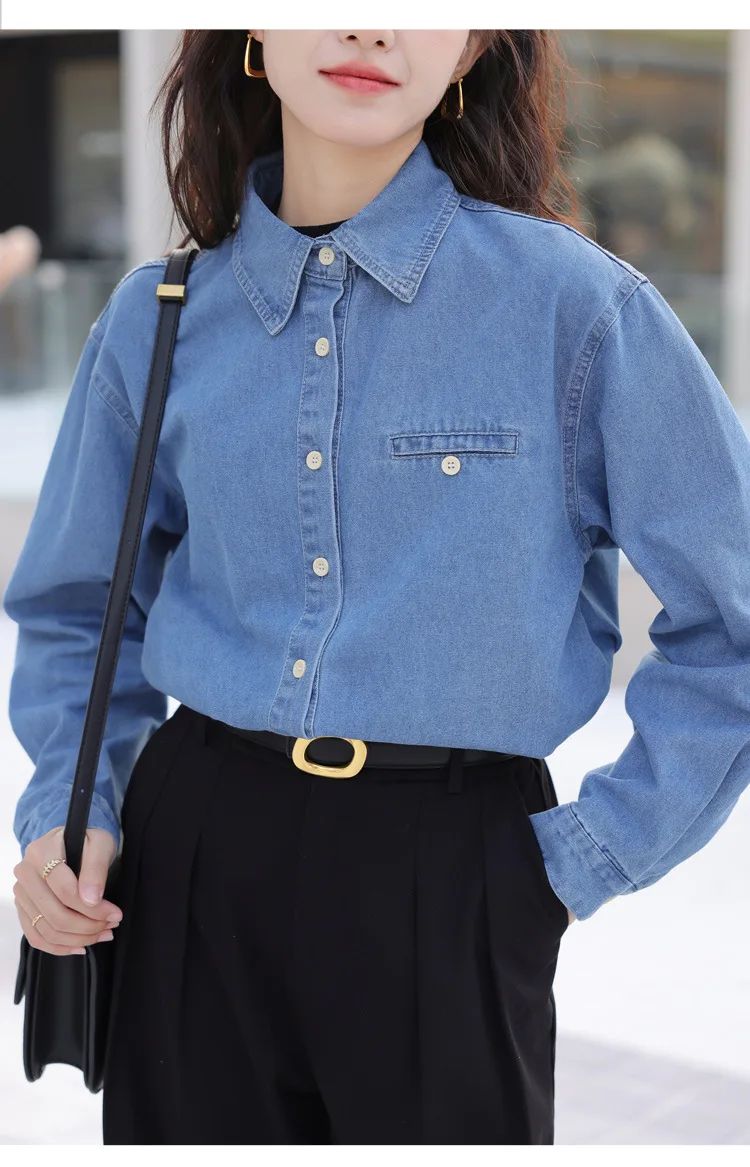2024 New Vintage Loose-Fit Denim Shirt Women's Petite Top Commuter Jacket Fashionable Through-The-Year Style
