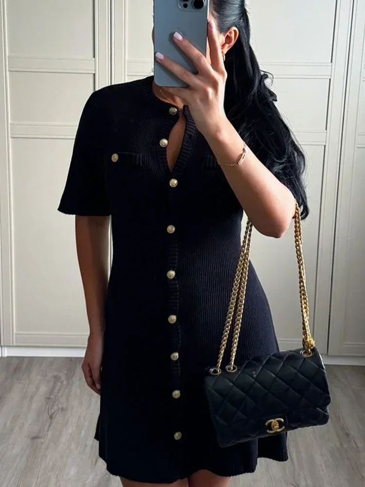 Trendix Elegant Knit Mini Dress Women Street Slim High Waist Short Sleeve Rib Sw