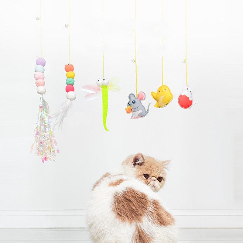 Brinquedo de Gato de Estimação Bastão Engraçado Gatinho Auto-hi Corda Elástica Forma de Libélula Pena Sino Varinha de Brincadeira Pendurada Balanço Milhares