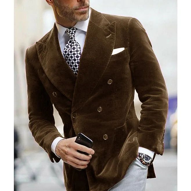Velvet Double Breasted Blazer for Men Dinner Party Italian Style Smoking Prom Jacket Elegant Jacket for Wedding Party 2025
