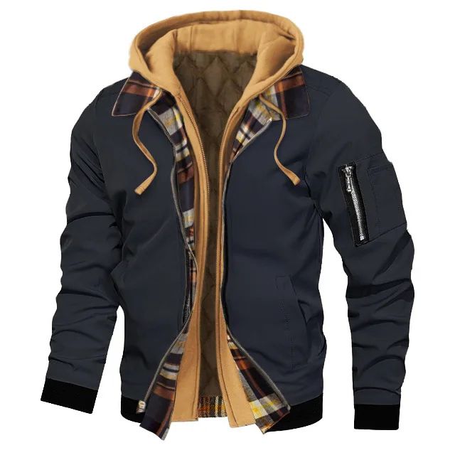 Jaqueta masculina de moletom com capuz outono inverno casual cor sólida falsa de duas peças com zíper e manga comprida quente