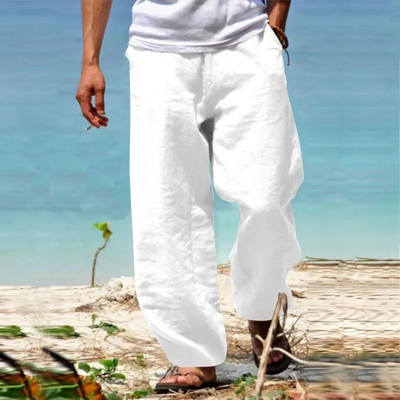 Men's Linen Beach Pants Breathable Loose Straight Trousers Male Summer Casual Solid Color Japanese Streetwear