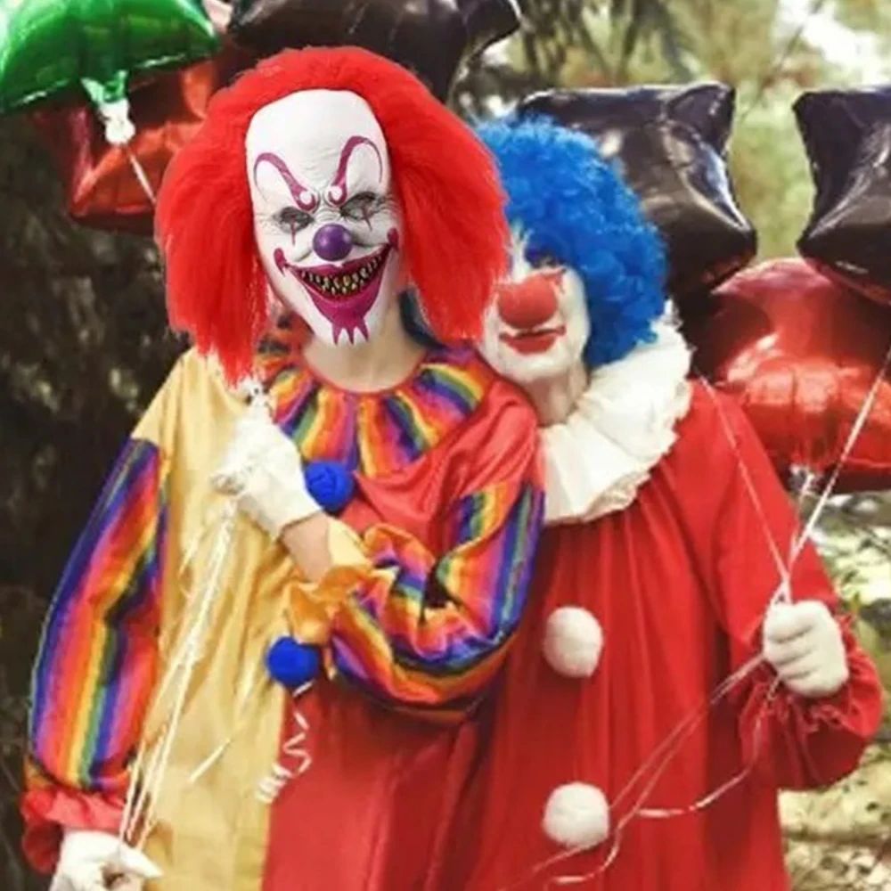 Evil Grinning Clown Mask Purple Nose Red Wig Latex Mask Halloween Carnival Haunted House Bar Prank Cosplay Costume Accessory