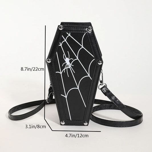 Women Fashion Shoulder Bag Large Capacity Coffin Shaped Casual Satchel Bag Adjustable Strap Spider Web PU Leather Chic Hobo Bag