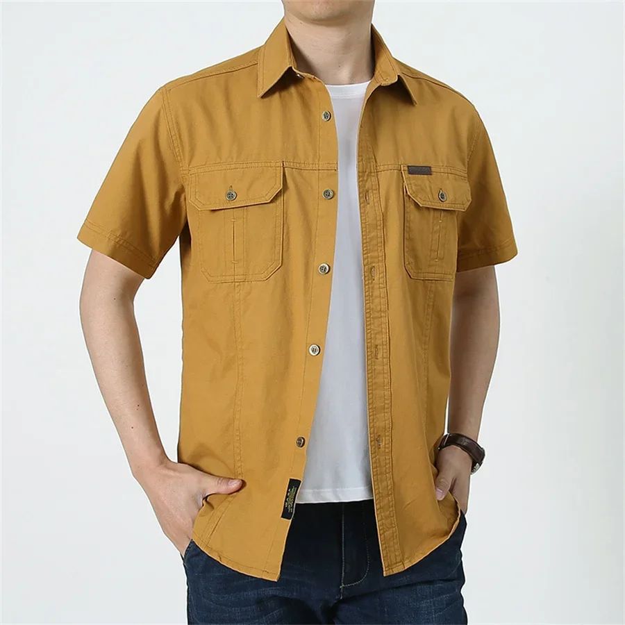 Summer Quick Dry Short Sleeve Mens Army Fan Tactical Shirts Male Solid Thin Lapel Cargo Shirt Tops Outdoor Hiking Military Shirt