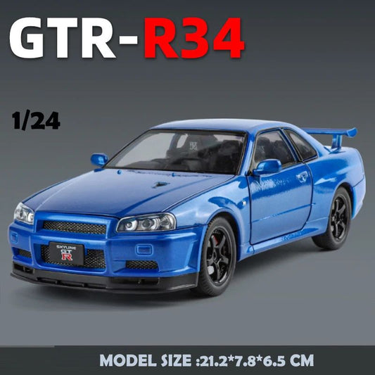 1/24 Nissan Skyline GTR-R34 Velozes e Furiosos Modelo de Carro em Liga Leve com Luz e Som Miniatura Colecionável Veículo de Brinquedo para Meninos