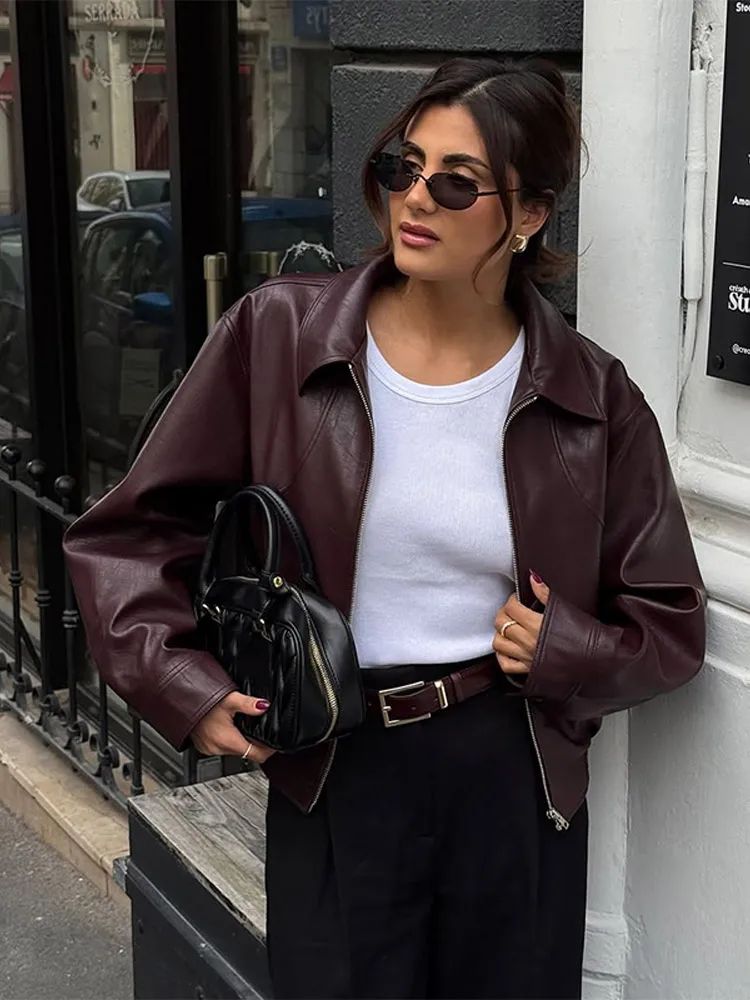 Full Sleeve Cropped Women Casual Slim Thin Motorcycle Coat Chic Zipper Lapel Wine Red Leather Jacket Lady New Highstreet Outwear
