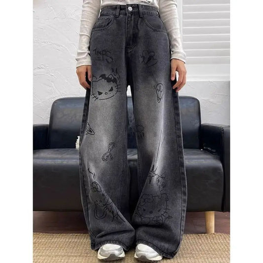 New Hello Kitty Wide Leg Pants Women's Spring Girl China-Chic Embroidery Loose Skinny Straight Leg Denim Pants Straight Trousers