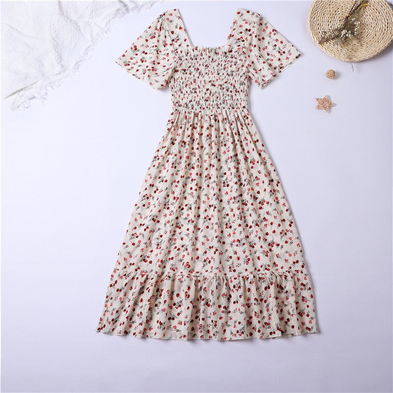 Spring Summer Chiffon Dress Women Midi DressesFemale Short Sleeve Elastic Waist