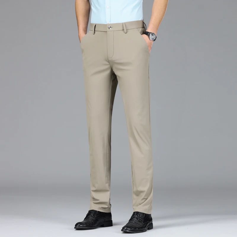 New Summer Men's Ice Silk High Stretch Business Suit Pants Male Army Green Blue Elastic Formal Office Straight Formal Trousers