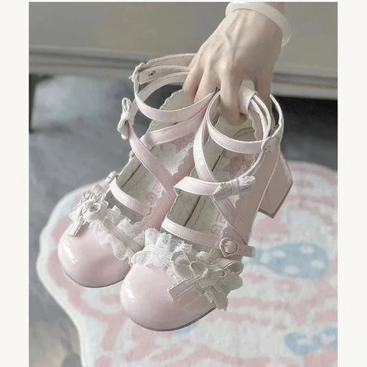 Lolita Mary Jane Shoes 2025 New Women's Cute Bow High Heels Princess Heeled Single Shoes Spring Autumn Leather Pumps