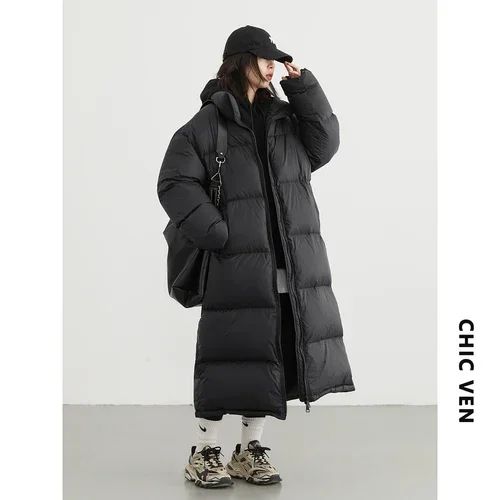 CHIC VEN Women Down Coats New Long Thick Warm Down Jackets Overcoat White Duck Down Loose Casual Jacket Autumn Winter 2023