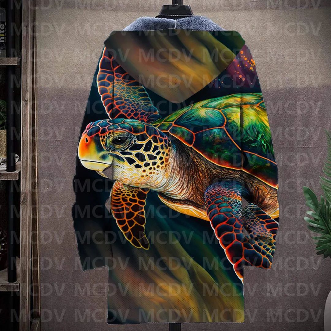 Men's Retro Print Plush Thick Long-Sleeved Coat Cardigan Sea Turtle 3D Prined Fleece Hooded Overcoat Unisex Thick Warm Jacket