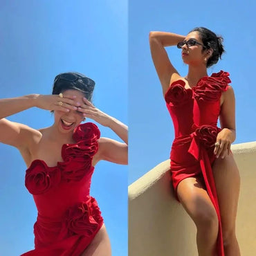 2024 Sexy Red 3D Ruffle Flower One Piece and Skirt set Swimwear beachwear Party Dress Clearance Wholesale