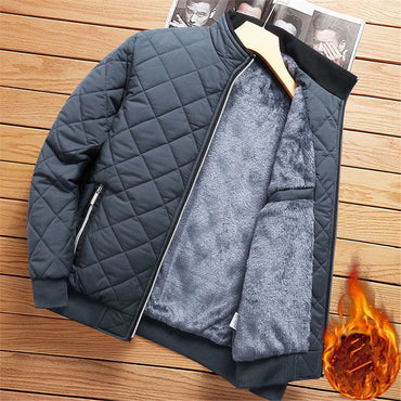 Diamond Pattern Fleece Lined Bomber Jacket Men Autumn Winter Business Jackets Men Fashion Clothing 2025 Brand Thick Slim Coat
