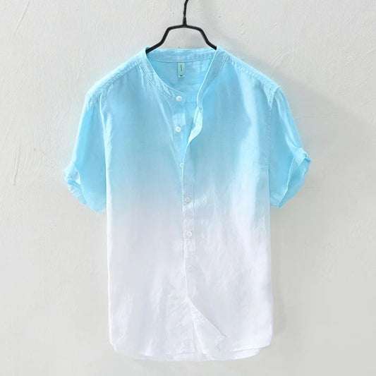Camisa de manga curta 100% linho fresca, respirável, confortável, material saudável, azul degradê, estilo havaiano, masculina, tipo cardigan, para praia