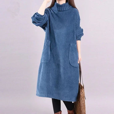 Women Autumn Winter Dress New Retro Corduroy Vestidos Add Velvet High Neck Dress Mid-Length Loose Pullover Sweater Female 2022